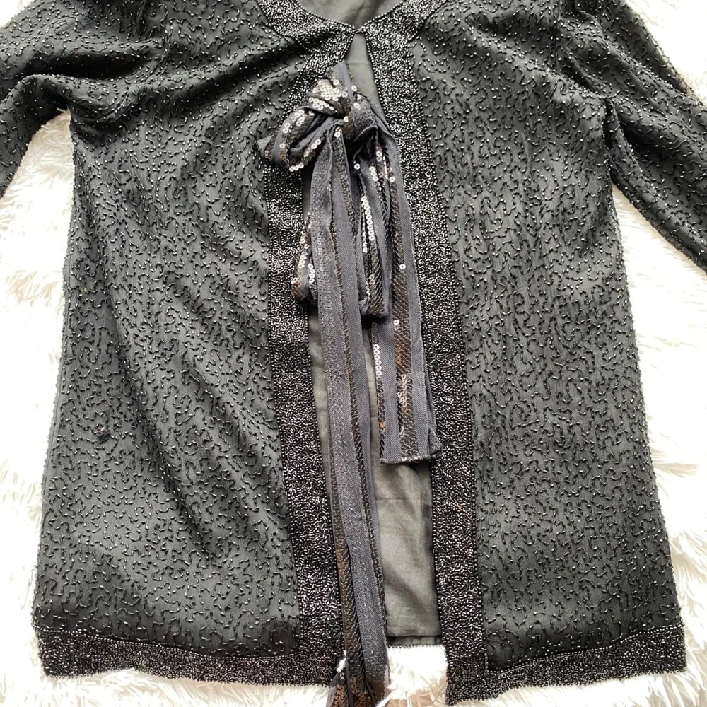 STENAY Vintage Beaded Silk Evening Jacket Black Sequin Formal Tie Front M